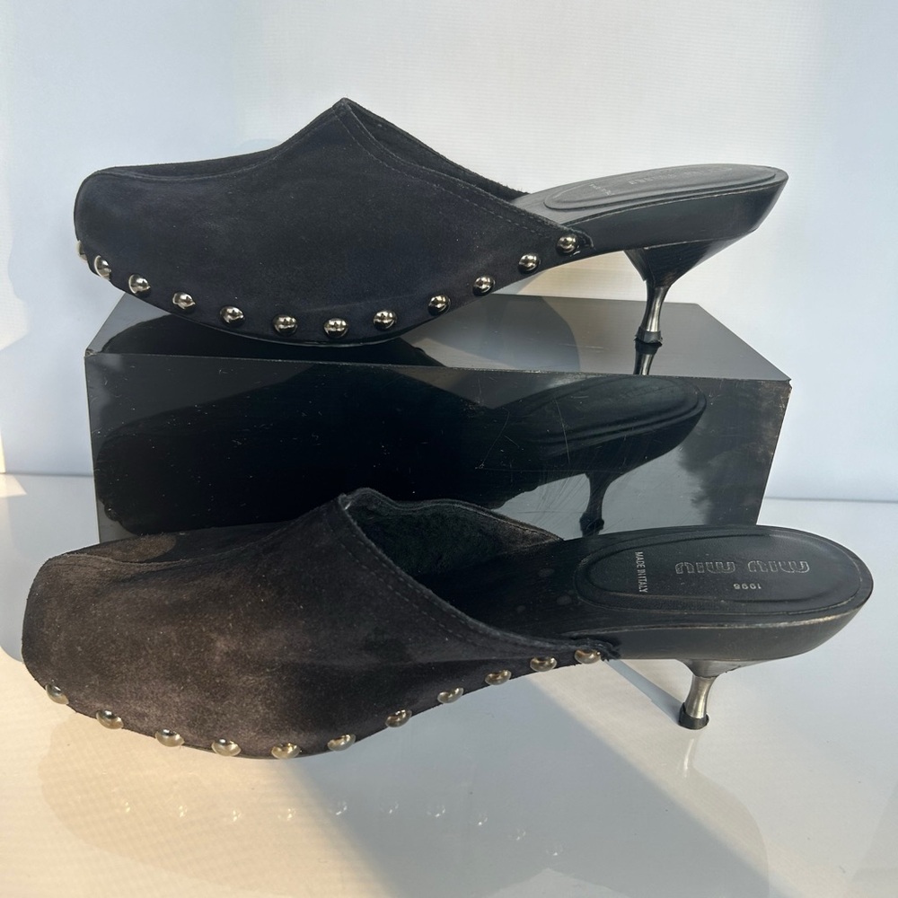 Miu Miu Black Suede Kitten Heel Clog Mules size 39